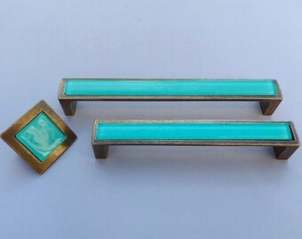 Pop-up Tender Matte Mint Glass Pull. Antique Brass Metal Finish. Artistic Blue Furniture Glass Handle. Turquoise Glass Cabinet Knob 0032