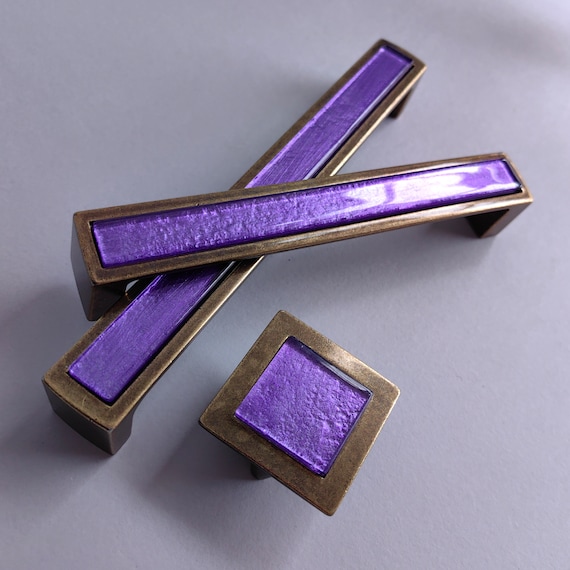 Pop-up Bright Purple Glass Pull/knob. Antique Brass Metal Finish. Artistic Purple  Furniture Glass Handle. Purple Glass Cabinet Knob 0015 - Etsy UK