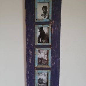 Quad Distressed Up-cycled Picture / Photo Frame Deep Purple and Pink with Light Blue Inner Frame Holds 4 Pictures