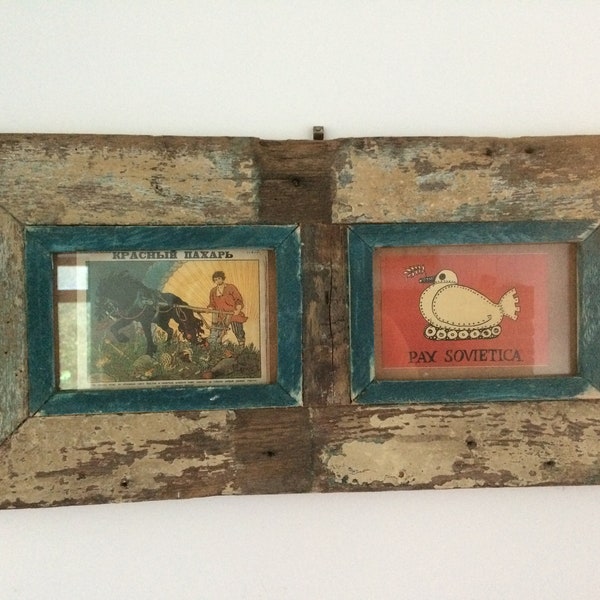 Double Distressed Up-cycled Picture / Photo Frame Natural Wood with Turquoise Inner featuring two Unique Pictures