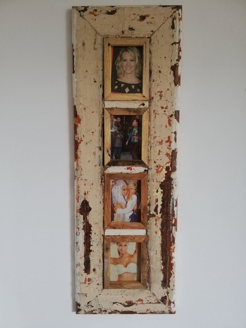 Quad Distressed Up-cycled Picture Photo Frame Deep Cream Latte with Natural Wood and White Light Inner Frame Holds 4 Pictures