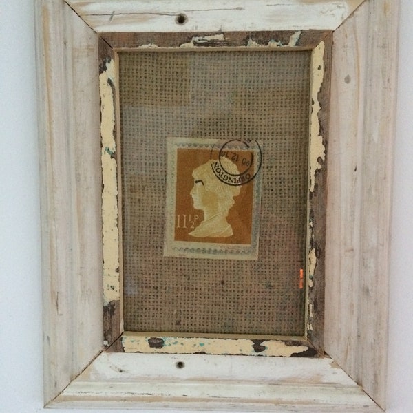 A4 Distressed, Unique, Up-Cycled Wooden Picture / Photo Frame in Soft White Natural Wood Gold Fabric Queen Stamp