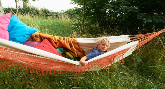 Massive Hammock Traditional Brazilian 100 Cotton Natural Shade With Coloured Crochet Fringe in Orange Green Dark Blue or Red Etsy