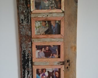 Quad Distressed Up-cycled Picture / Photo Frame Natural Wood, Rose pink, Grey, White Holds 4 Pictures