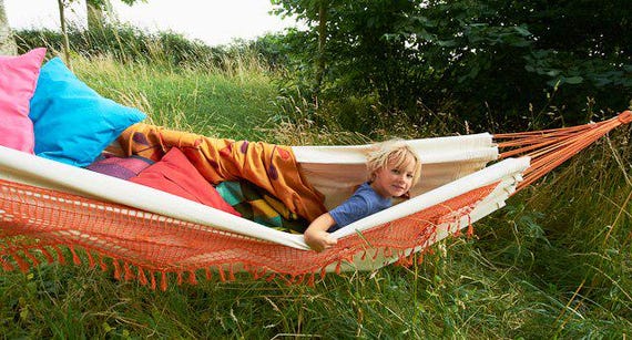 Large Hammock Traditional Brazilian 100% Cotton Natural Cotton Shade with Coloured Crochet Fringe Detail in Red, Yellow or Mid Blue
