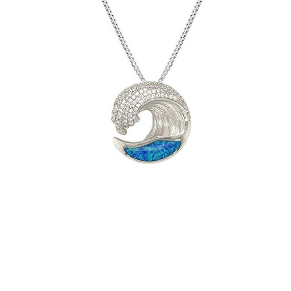 925 Sterling Silver Rhodium Plated Blue Opal Wave Pendant