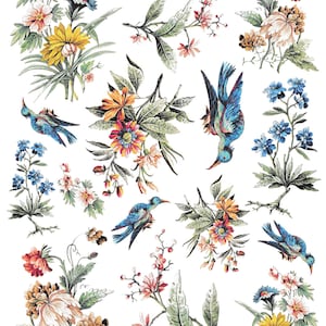 May include: A sheet of ceramic decals featuring colorful floral and bird designs. The decals include various flowers in shades of yellow, orange, pink, and blue, along with blue birds. The text "Cold Mountain Ceramic Decals" is at the top.