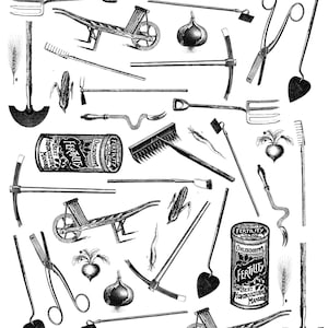May include: Black and white illustration of various gardening tools, including shovels, rakes, hoes, and wheelbarrows. The image also features a can of fertilizer and the text "Cold Mountain Ceramic Decals".