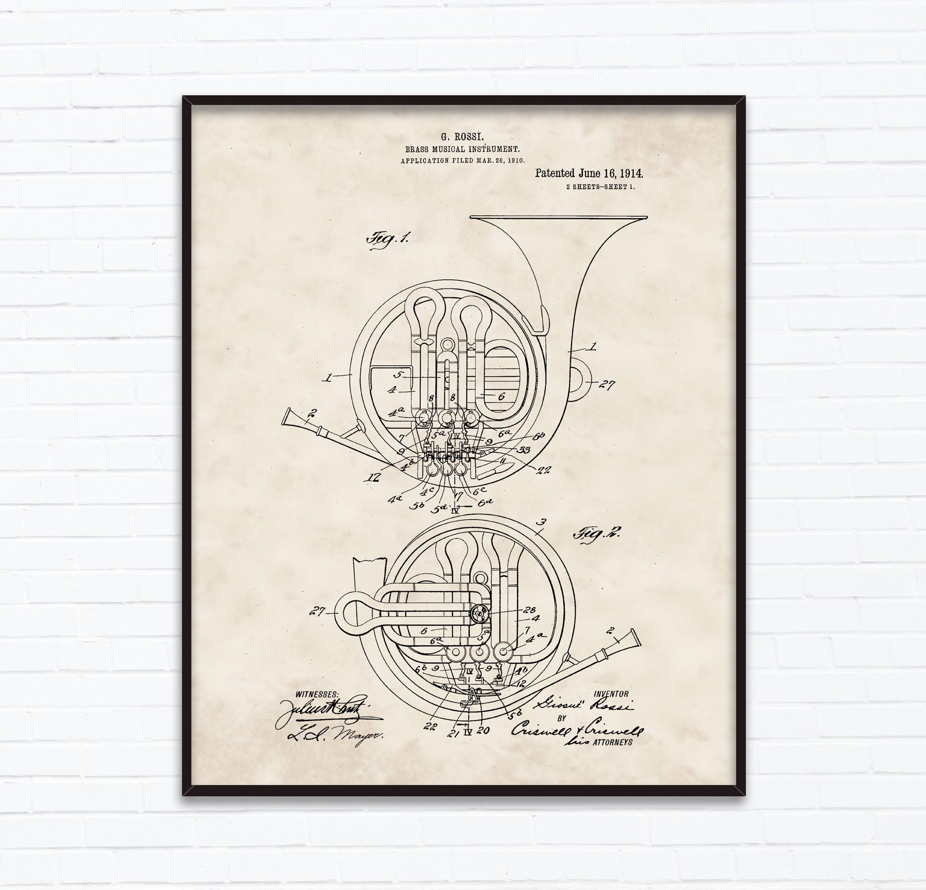 Wall Hangings Prints Horn Musical Instrument Patent Drawings-November ...