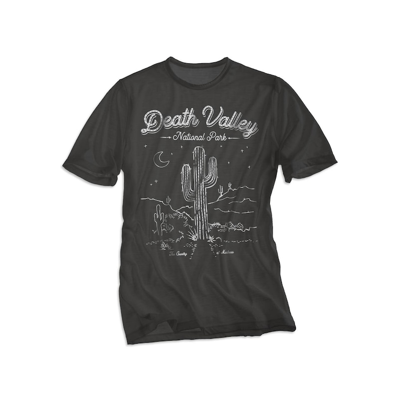 May include: A black t-shirt with a white graphic design of a cactus and the text "Death Valley National Park".