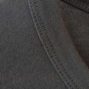May include: Close-up of a dark gray knit fabric with a stitched seam. The fabric has a textured, woven appearance.