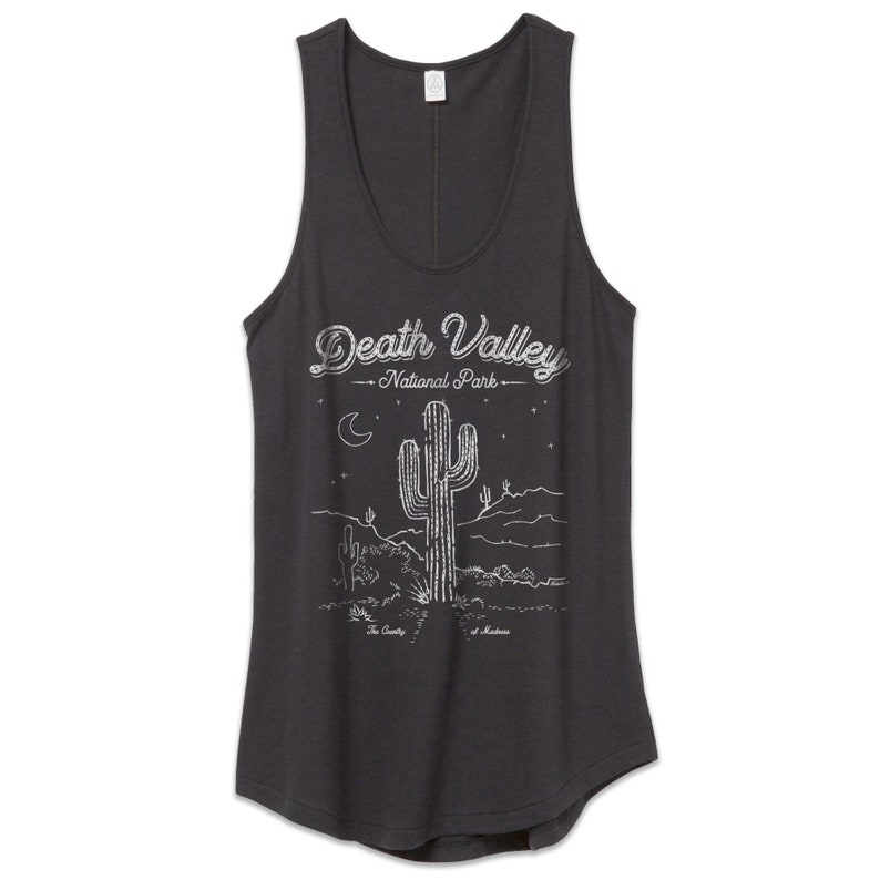 May include: A dark gray tank top with a white graphic of a cactus and the text "Death Valley National Park".