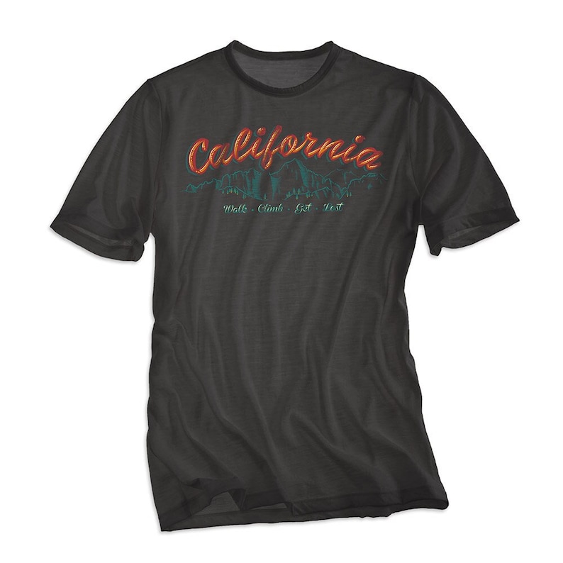 May include: A black t-shirt with a graphic print of a mountain range and the text "California" in red and orange. The text below the graphic reads "Walk - Climb - Get - Lost."