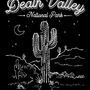 May include: Black and white illustration of a cactus in Death Valley National Park. The text "Death Valley National Park" is at the top of the image. The text "The Country of Madness" is at the bottom of the image.