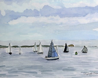 Sailing at the mouth of the harbor - Marblehead MA  Giclee Print on water color paper