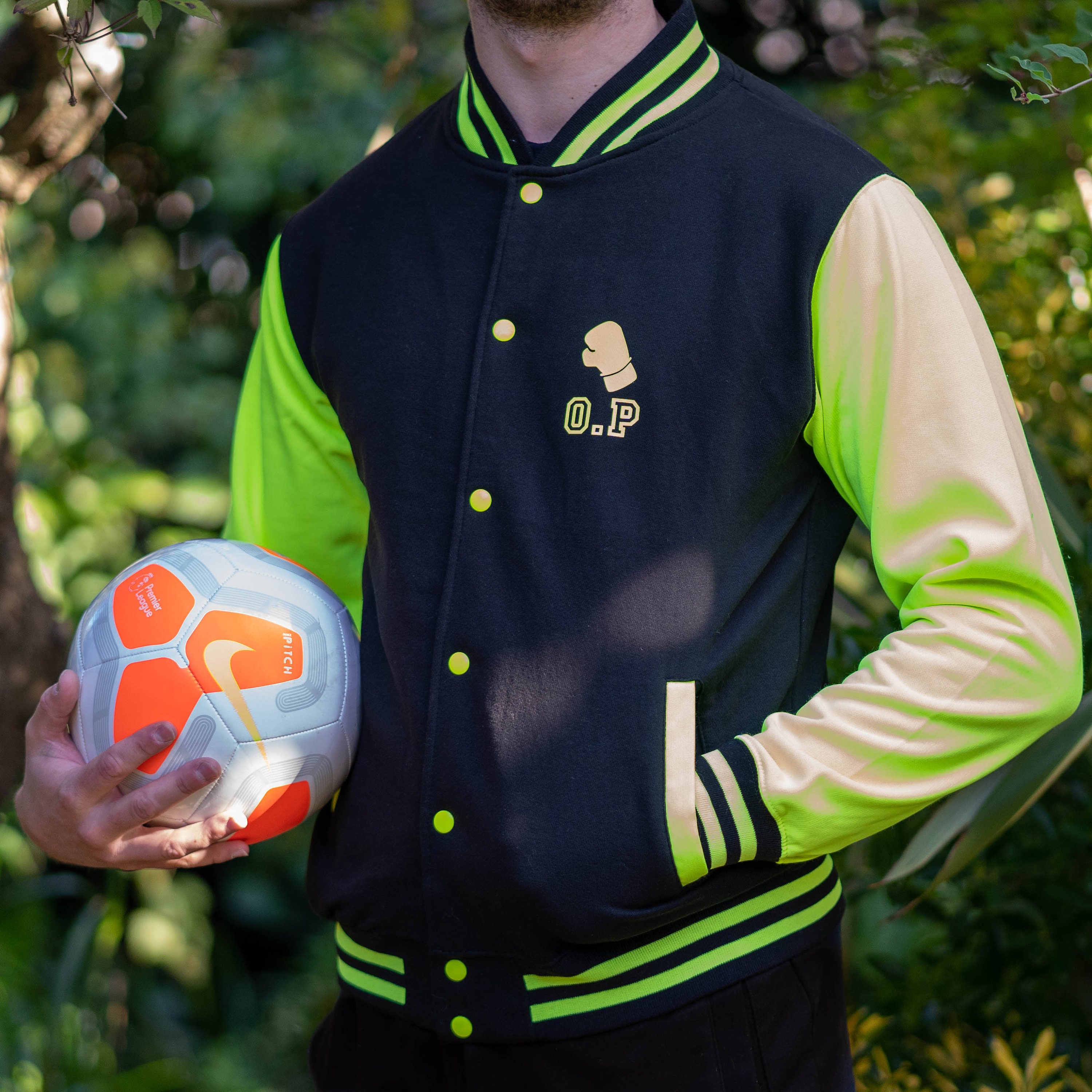 Olive green varsity jacket sale