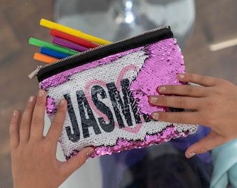 Personalised Sequin Pencil Case / Make Up Bag in Pink or Blue