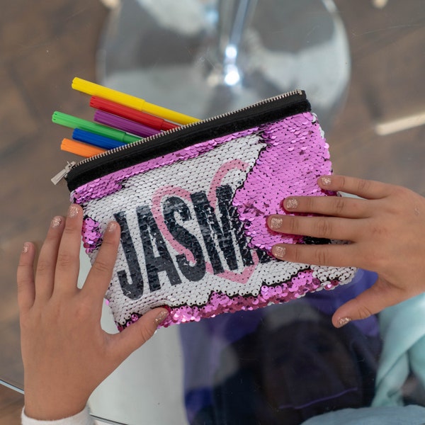 Personalised Sequin Pencil Case / Make Up Bag in Pink or Blue