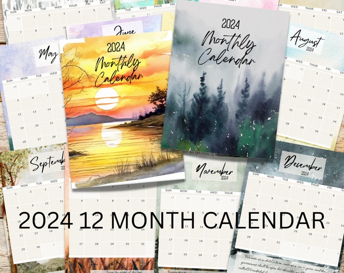 2024 Printable Monthly Calendar | Jan-Dec '24 | Planner Pages | Watercolor Nature Scenes with Scriptures | Cover Pages | Homeschool Planner