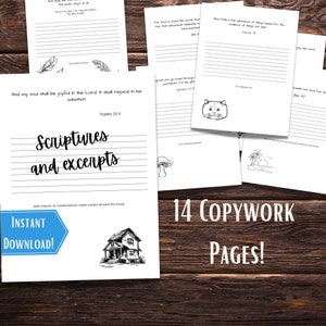 14 Printable Copywork Pages | Homeschool Copy work | Scriptures & Poetry Excerpts | Homeschool Printables | Handwriting Pages |