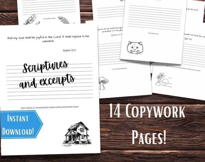 14 Printable Copywork Pages | Homeschool Copy work | Scriptures & Poetry Excerpts | Homeschool Printables | Handwriting Pages |