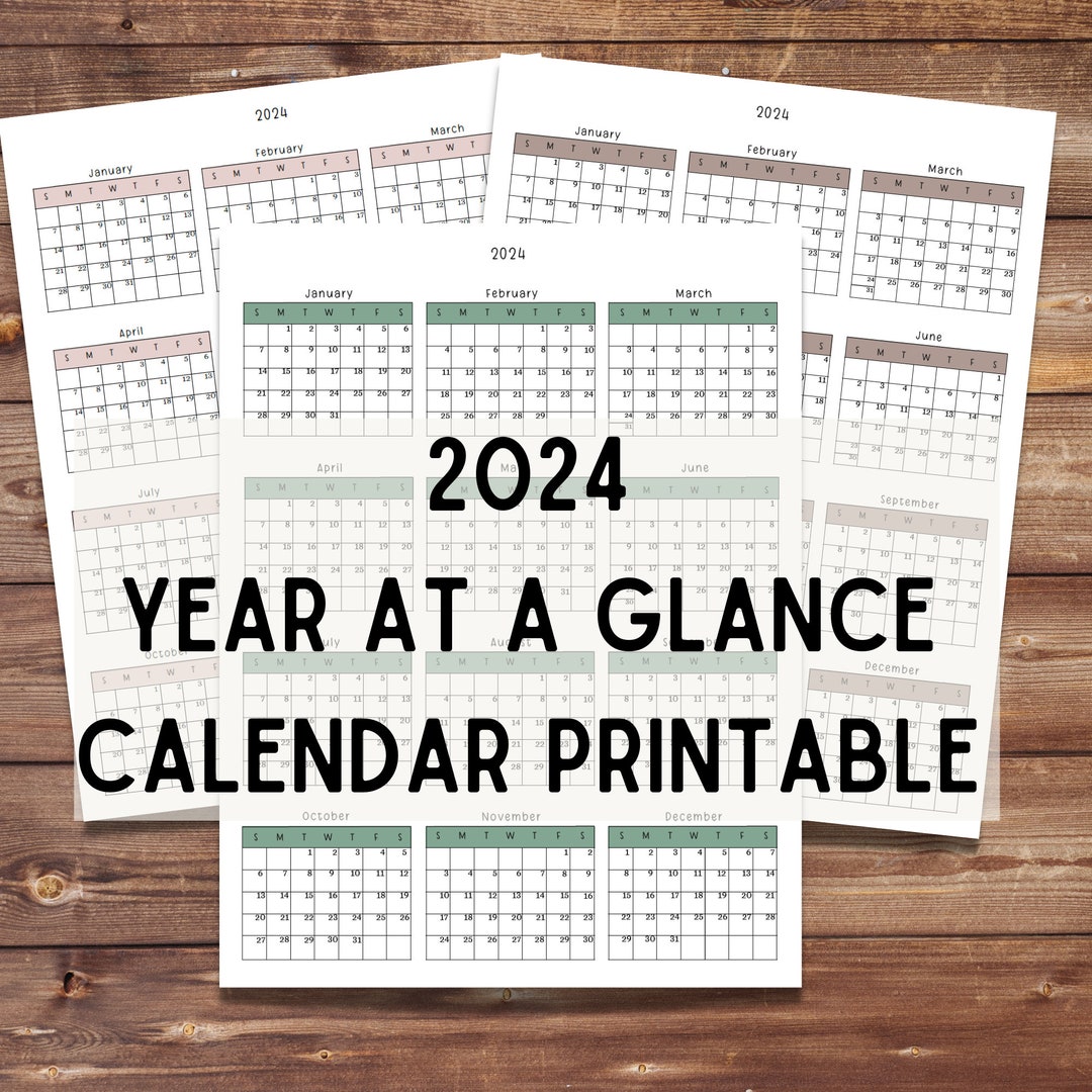 2024 Calendar Printable Year at a Glance Yearly 3 Color Choices