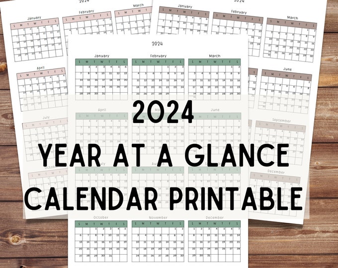 2024 Calendar Printable Year at a Glance | Yearly | 3 color choices | Homeschool Scheduler | Homeschool Planner Page | Attendance Chart |