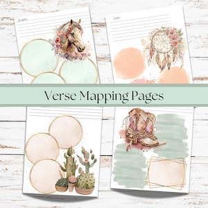 Könnte beinhalten: Vier druckbare Seiten mit Aquarell-Illustrationen und goldenen Akzenten. Die Seiten zeigen ein Pferd, einen Traumfänger, Kakteen und Cowboystiefel. Jede Seite hat Platz zum Schreiben und ist mit "Schrift" beschriftet.