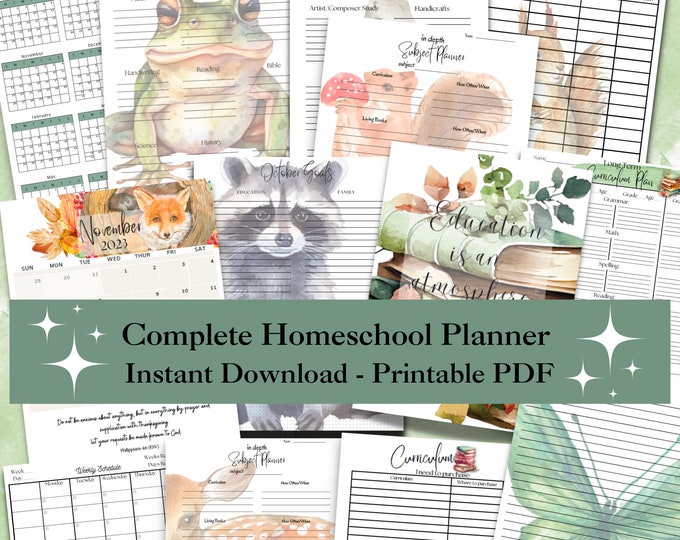 Homeschool Planner Charlotte Mason Inspired | Nature Themed | Curriculum Planners | Academic Year Calendar Pages | 2023 2024 | June -May