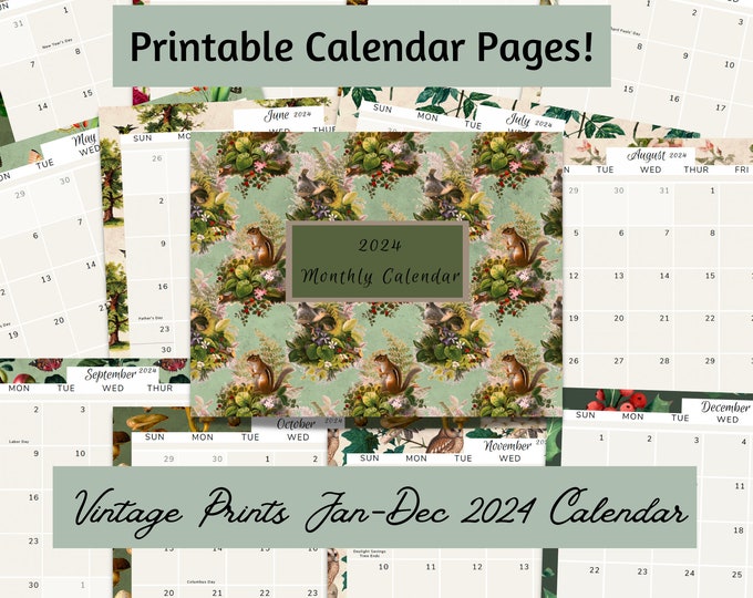 2024 Printable Monthly Calendar | Vintage look | Holidays listed | Jan-Dec | Yearly Planner | Bible Verses