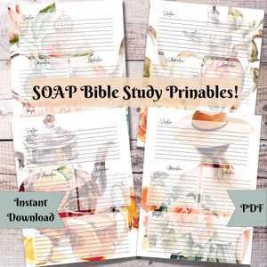 Könnte beinhalten: Vier druckbare Seiten mit einem Aquarell-Blumenmuster und linierten Abschnitten für das Bibelstudium. Die Seiten sind mit "Schrift", "Beobachtung", "Anwendung" und "Gebet" beschriftet. Der Text "SOAP Bible Study Printables!" befindet sich oben im Bild. Der Text "Sofort-Download" befindet sich unten links im Bild. Der Text "PDF" befindet sich unten rechts im Bild.