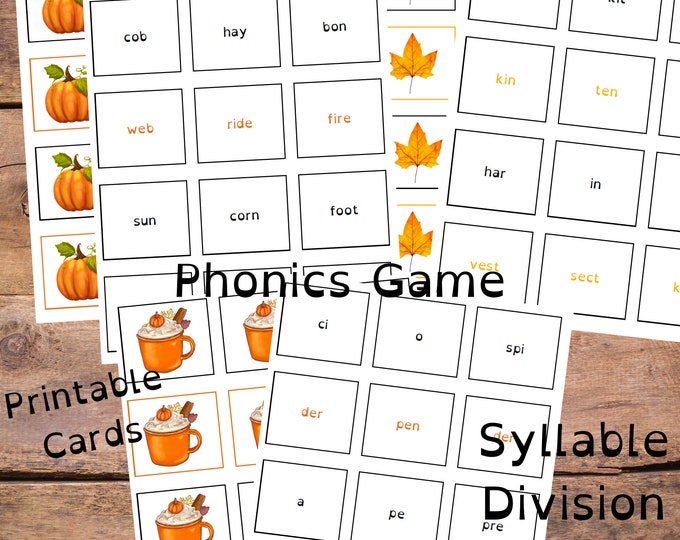 Syllable Division Games | Match compound words and closed and open syllables | Homeschool Printables | Phonics | Reading | Spelling | Fall