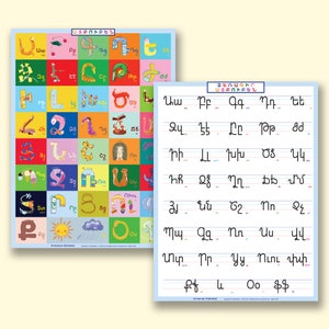 Armenian Alphabet Posters 2pack set (Pictorial Poster & Manuscript Writing Poster) 18"x24"