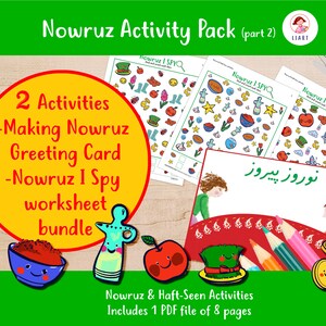 Puede incluir: Un paquete de actividades de Nowruz con dos hojas de trabajo, una para hacer una tarjeta de felicitación y otra para un juego de "Veo, veo". Las hojas de trabajo son coloridas y presentan ilustraciones de símbolos de Nowruz. El paquete incluye 8 páginas y está disponible para descargar en PDF.