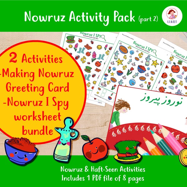 Nowruz Activities pack (part 2), Norooz I Spy Worksheets, Haft-Seen Printable Activities, Make Nowruz Greeting Card (2 different sizes)