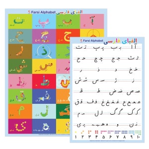 Juego de 2 carteles del alfabeto farsi (póster pictórico y póster de escritura manuscrita) laminados de 16.0 x 20.0 in