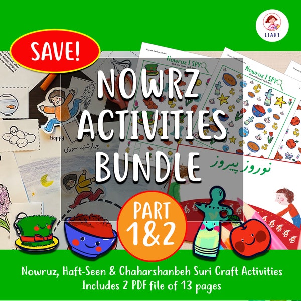 Nowruz Activities pack (part 1 & 2) Bundle, I Spy Worksheets, Haft-Seen, Charshanbeh soori Printable Activities, Make Nowruz Greeting Card