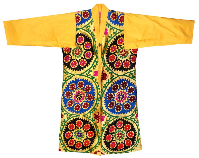 kaftan long jacket coat robe plus size #a11365 caftan vintage natural silk embroidered suzani uzbek chapan