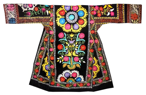 fully silk embroidered black silk velvet caftan uz