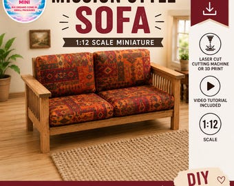 Mission Style Sofa Miniature Files | 1:12 Scale Dollhouse Furniture (SVG, DXF, STL)
