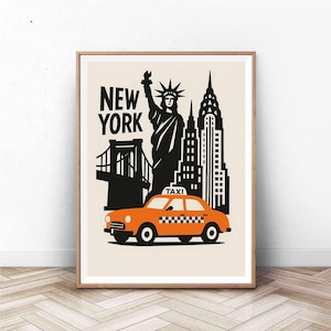 Stampa artistica di New York Icons - Poster di New York con Statua della Libertà, Taxi, Empire State - Decorazione da viaggio Pop Art - Big Apple Wall Art