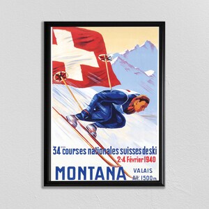 Swiss Travel Art, Switzerland Ski Poster, Sports Retro Decor, Montana, Suisse, Europe European Travel, Zermatt, Skiing Poster