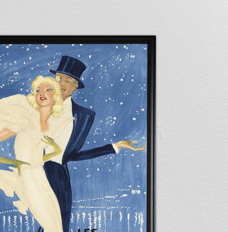 May include: A vintage poster featuring a couple in formal attire dancing on a snowy night. The woman is wearing a white dress and the man is wearing a tuxedo with a top hat. The poster has a blue background with white snowflakes.