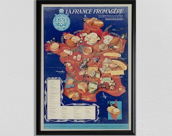 Arte del queso, cartel del queso de Francia, impresión de la comida retro, cartel de la comida francesa, quesos de Francia, cartel de la cocina, arte de la cocina