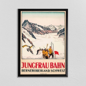 Swiss Travel Art, Switzerland Ski Poster, Sports Retro Decor, Jungfrau Bahn, Suisse, Europe European Travel, Zermatt, Skiing Poster