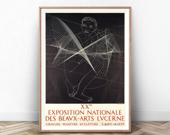 Può includere: Un manifesto in bianco e nero che pubblicizza la 20a Esposizione Nazionale di Belle Arti a Lucerna, in Svizzera. Il manifesto presenta un disegno di linea stilizzato di una figura nuda con forme geometriche. Il testo sul manifesto recita "XXme Exposition Nationale des Beaux-Arts Lucerne Gravure Peinture Sculpture 3 Aout-14 Sept."
