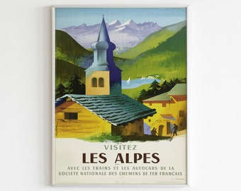 Les Alpes, French Alps Print, France Poster, Skiing, Mountain Art, Tourism Print, Vintage, Home Decor, Paris Print