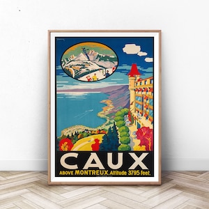 CARTEL de viaje MONTREUX, arte de la pared de París, impresión de arte suizo, impresión de Francia, cartel de Italia, cartel de la montaña, vintage viaje, arte de la pared de verano