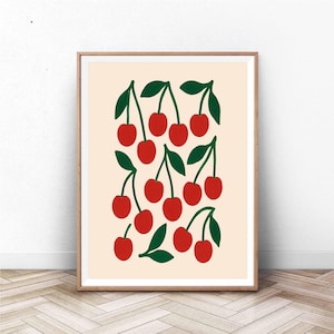 Cherry Art Print - Modern Fruit Wall Decor - Red Kitchen Poster - Cute Minimalist Food Illustration - Retro Cherry Pop Art for Home