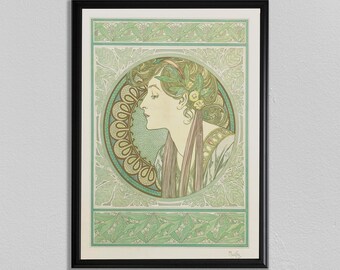 May include: Framed art print featuring a woman's profile in a circular design. The artwork showcases a palette of greens, browns, and creams, with floral and leaf motifs. The woman wears a laurel wreath and flowing ribbons. The print is in a black frame.